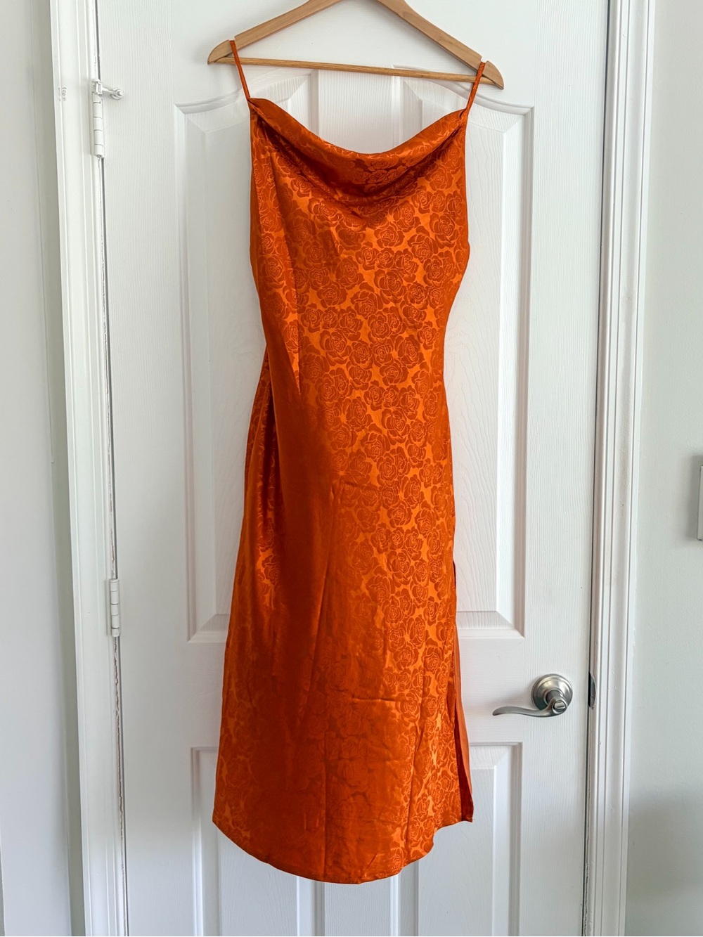 Lulus Rust Orange Satin Jacquard Midi Slip Dress Cowl Neck Floral M Romantic